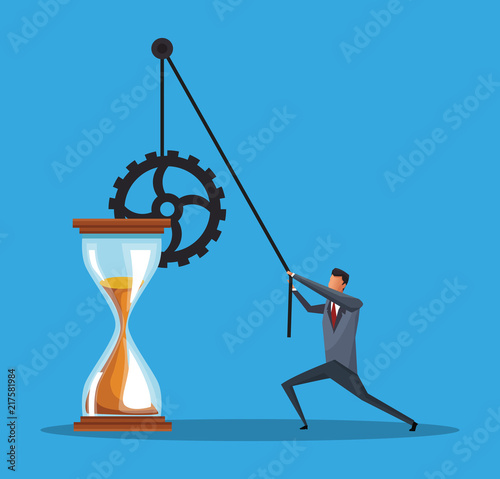 Businessman pulling gear with rope and hourglass vector illustration graphic design