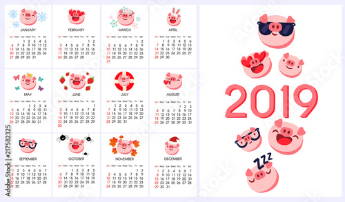 Pig emoji, emoticon calendar 2019 year of pig. Vector Chinese Zodiac Sign Year of Pig,Red paper cut pig,Happy Chinese New Year 2019 year of the pig