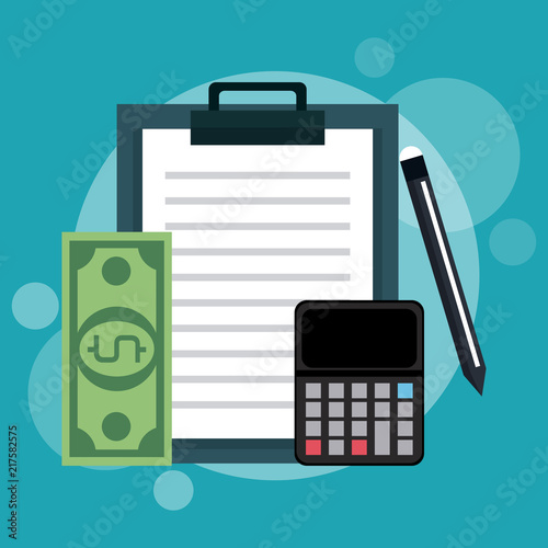 Counting money and savings with calculator and clipboard vector illustration graphic design