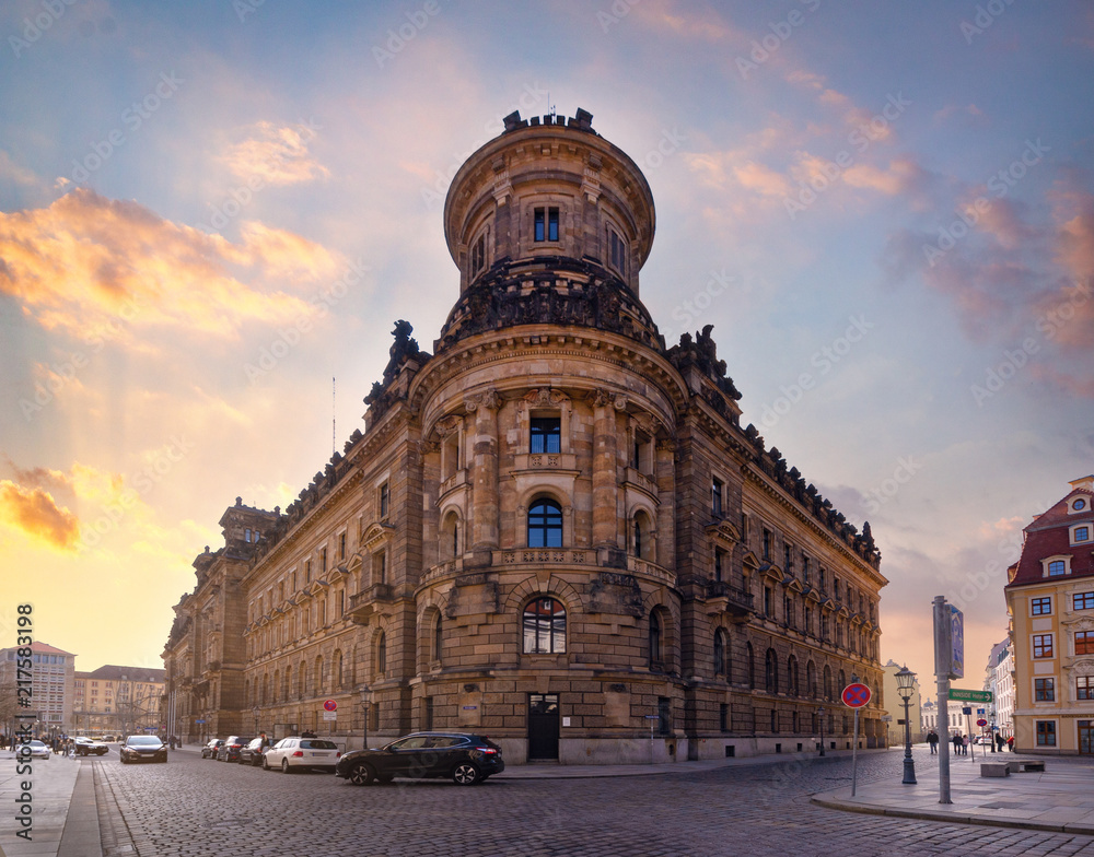 Monumental streets architecture in sunset. Dresden. Saxony