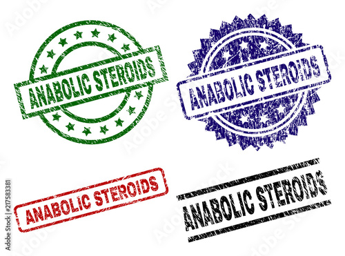 ANABOLIC STEROIDS seal prints with damaged style. Black, green,red,blue vector rubber prints of ANABOLIC STEROIDS text with grunge style. Rubber seals with circle, rectangle, rosette shapes.