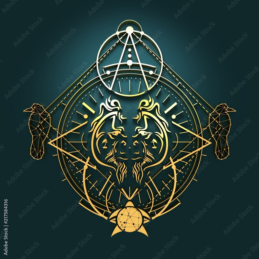 Mystical symbol. Linear alchemy, occult, philosophical sign. Low poly raven, turtle and orangutan head. For music album cover, poster, sacramental design. Astrology and religion concept. 3D rendering