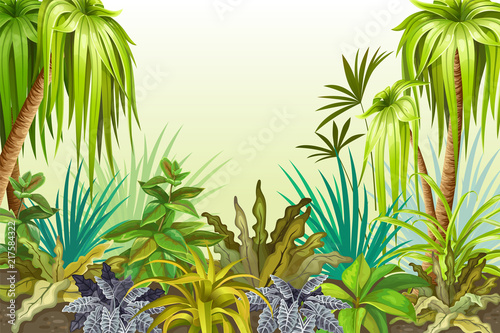Background jungle for video and web design, online games, print, magazines, newspapers, books and posters. Vector illustration with space for text.