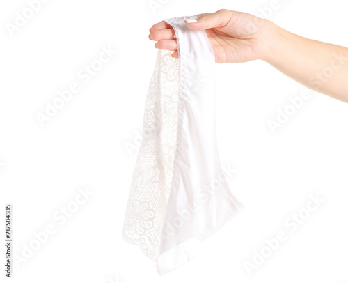 The white female panties in hand lace on white background isolation