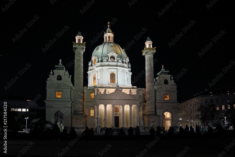 Karlskirche (St. Carl's churh) in Vienna, Austria at night
