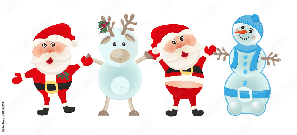 Santa claus, snowman and reindeer on white background. Christmas holiday. Winter cartoon cute card, Merry christmas banner