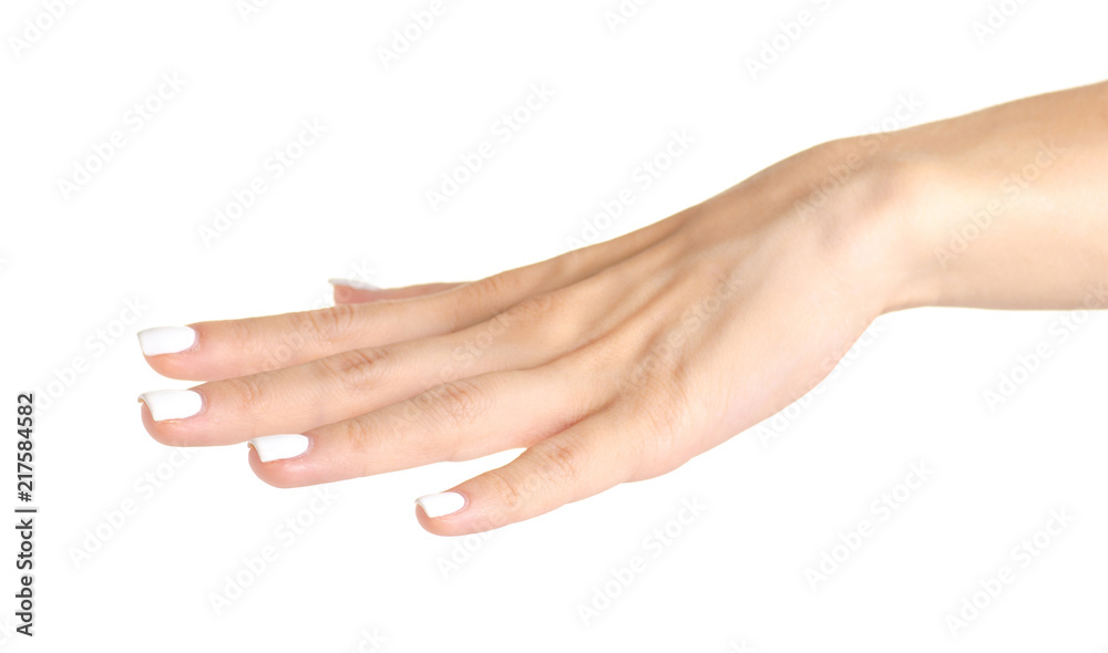 Engagement ring worn on finger hand on white background isolation