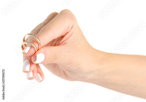 Engagement ring in hand on white background isolation