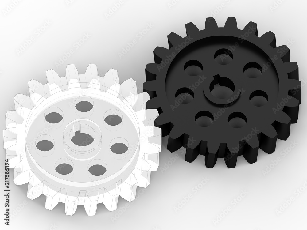 3D render - gear interlock illustration between and outline cog and a solid one 3D render - gear interlock illustration between and outline cog and a solid one