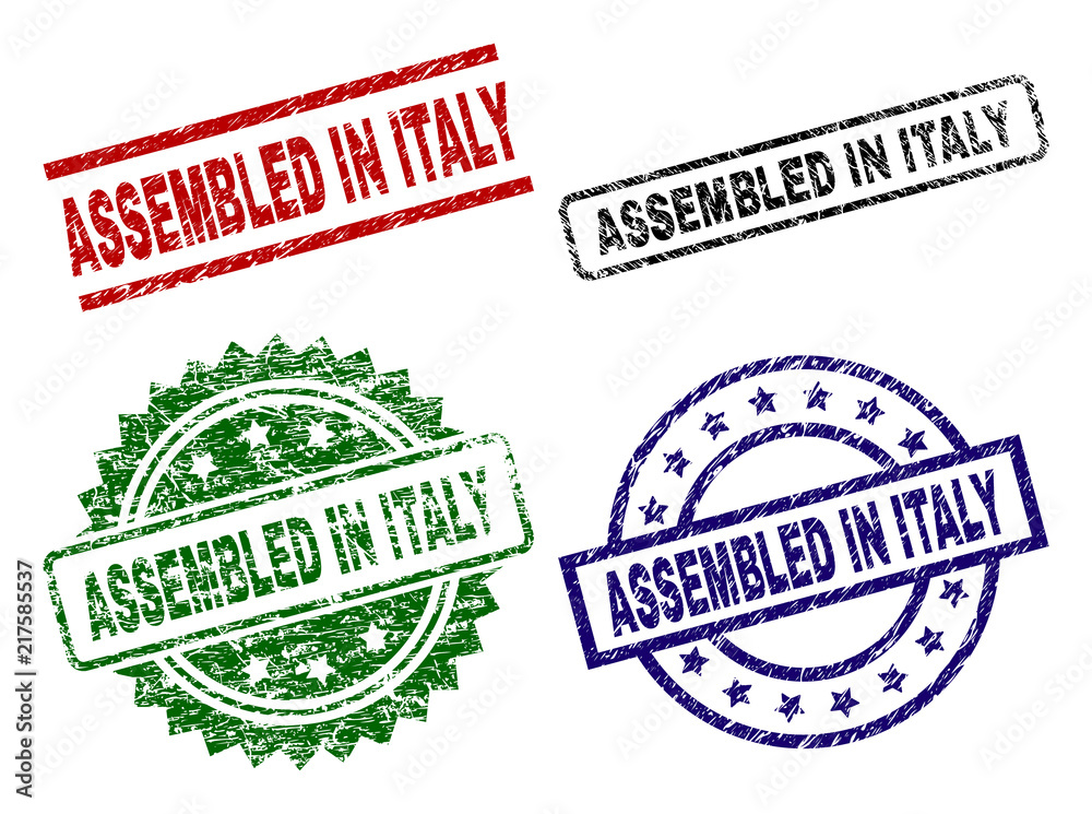 ASSEMBLED IN ITALY seal prints with damaged texture. Black, green,red,blue vector rubber prints of ASSEMBLED IN ITALY text with corroded texture. Rubber seals with round, rectangle, rosette shapes. ASSEMBLED IN ITALY seal prints with damaged texture. Black, green,red,blue vector rubber prints of ASSEMBLED IN ITALY text with corroded texture. Rubber seals with round, rectangle, rosette shapes.