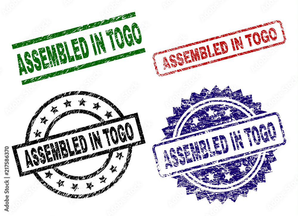 ASSEMBLED IN TOGO seal stamps with distress style. Black, green,red,blue vector rubber prints of ASSEMBLED IN TOGO text with unclean style. Rubber seals with circle, rectangle, medallion shapes. ASSEMBLED IN TOGO seal stamps with distress style. Black, green,red,blue vector rubber prints of ASSEMBLED IN TOGO text with unclean style. Rubber seals with circle, rectangle, medallion shapes.