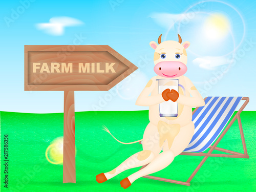 Happy cartoon cow sitting on the chaise-longue. Wooden table with Milk. Vector illustration