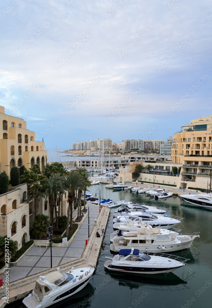 View of the Hilton Marina in St George Bay, Malta