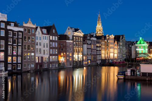 Damrak canal at night, Amsterdam, Netherlands