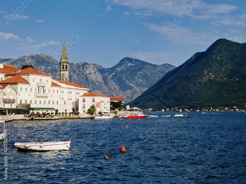Panorama of the town of Perast, in the background the Bay of Kotor, sea, Montenegro