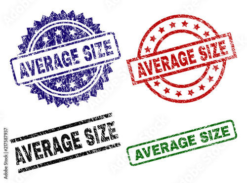 AVERAGE SIZE seal prints with distress texture. Black, green,red,blue vector rubber prints of AVERAGE SIZE label with scratched texture. Rubber seals with round, rectangle, rosette shapes.