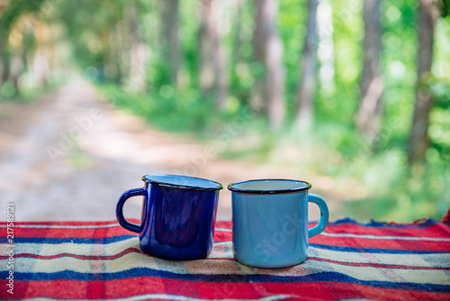 two metal cups on blanket. forest on background. copy space