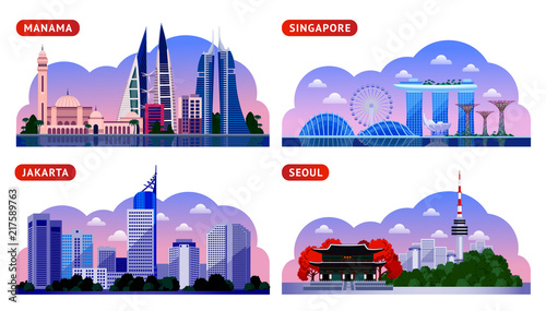Singapore, Seoul, Jakarta, Manama. Bahrain, South Korea and Indonesia. Horizontal panoramic night view. Travel to Asia. Set of vector flat illustration