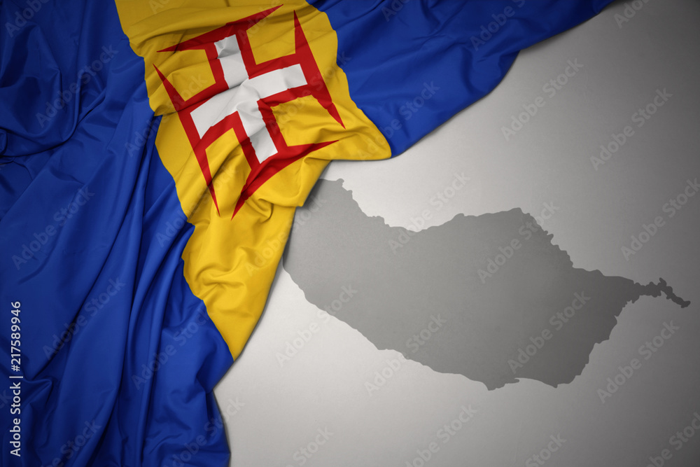 waving colorful national flag and map of madeira. Stock Illustration ...