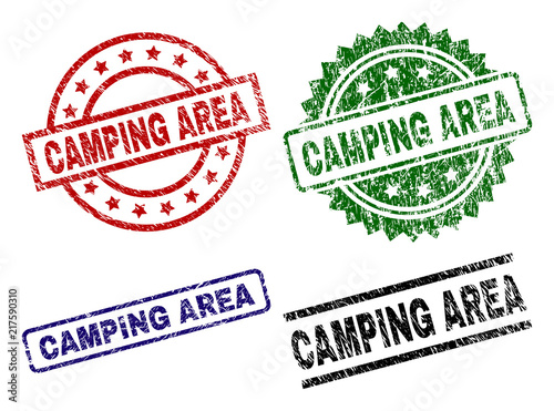 CAMPING AREA seal prints with damaged surface. Black, green,red,blue vector rubber prints of CAMPING AREA tag with corroded surface. Rubber seals with circle, rectangle, rosette shapes.