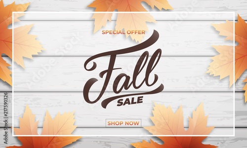 Fall sale background layout design. Fall lettering, fall leaves and wooden background. Autumn sale banner