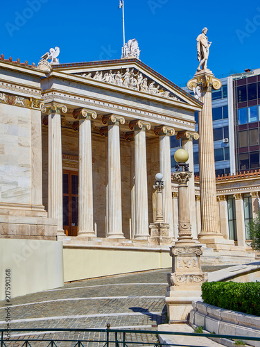 Principal facade of The Academy of Athens  Greece National academy  flanked by Apollo pillar. Athens Attica region  Greece.