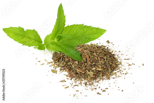 Fresh mint leaves with dried mint leaves isolated on white background