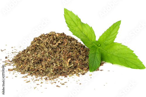 Fresh mint leaves with dried mint leaves isolated on white background