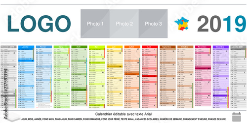 vacances 2020 officielles Calendrier 2019 sur 14 mois MODIFIABLE avec texte non vectorisés / Calendrier scolaire complet, numéros d'urgence, lune, semaine