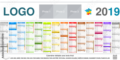 vacances 2020 officielles Calendrier 2019 sur 14 mois MODIFIABLE avec texte non vectorisés / Calendrier scolaire complet, numéros d'urgence, lune, semaine