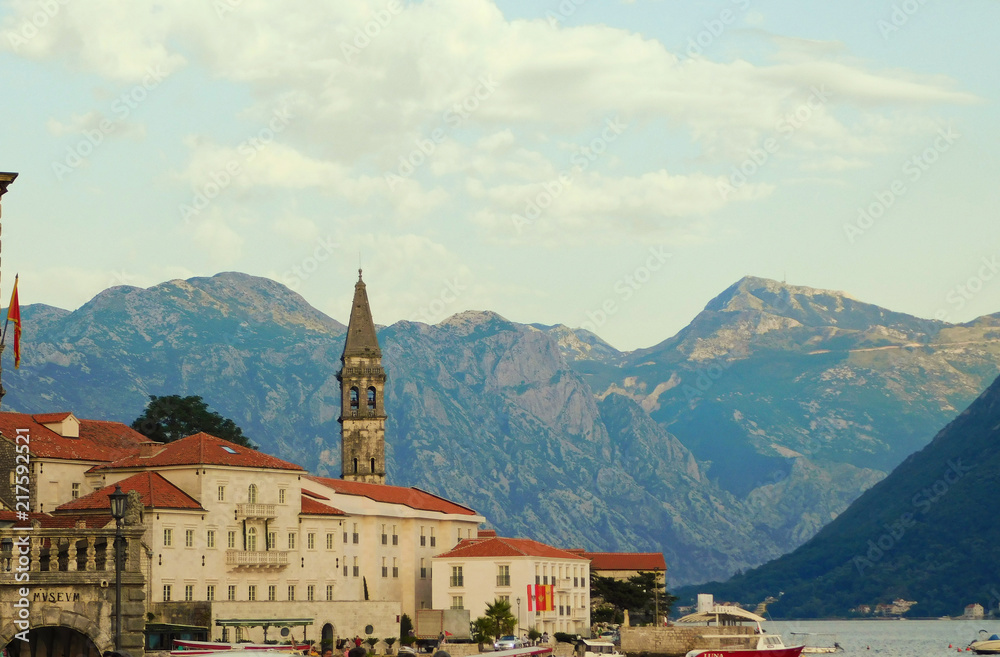 Panorama of the town of Perast, in the background the Bay of Kotor, sea, Montenegro