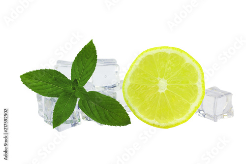 bunch of ice cubes with mint and lemon, isolated on white background