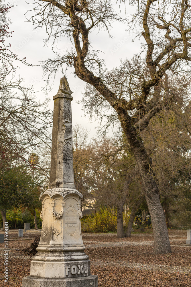 A Tall Stone Monument in the Union Cemetery, Redwood City, California