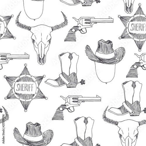 Vector seamless pattern with Wild West symbols. Texture with hand drawn cowboy hat, boot, revolver, sheriff star and bull skull isolated on white. Amercian western adventure background.