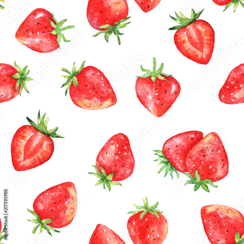 Fototapeta Naklejka Na Ścianę i Meble -  Seamless pattern with watercolor strawberries on white background.