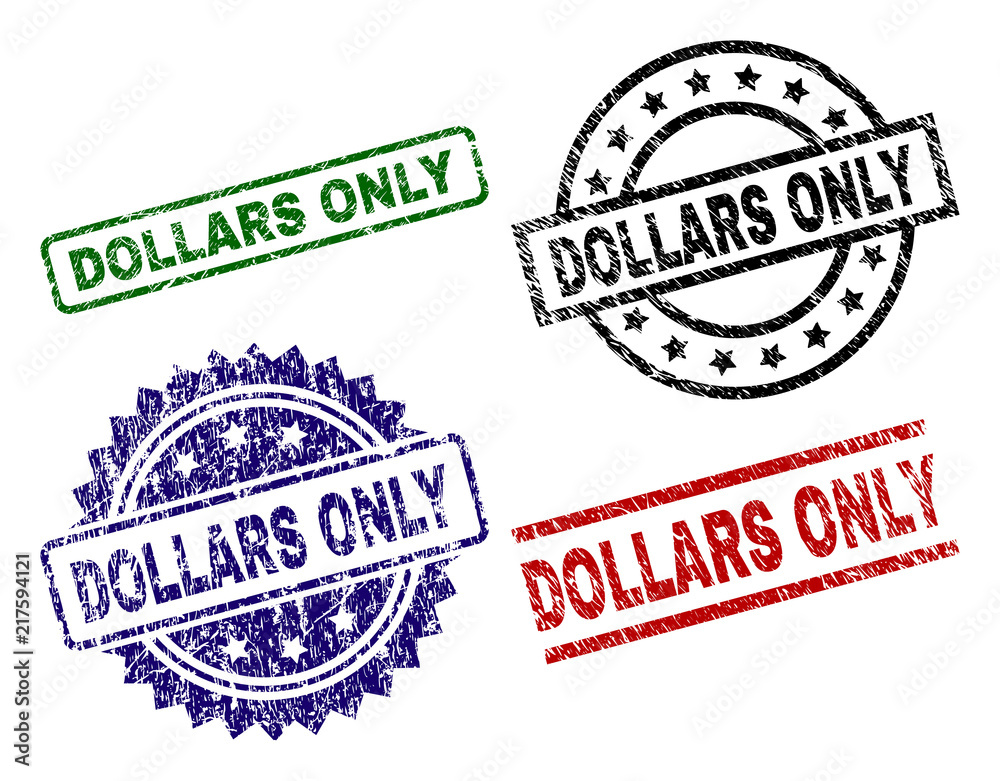 DOLLARS ONLY seal prints with distress surface. Black, green,red,blue vector rubber prints of DOLLARS ONLY text with corroded surface. Rubber seals with round, rectangle, medal shapes. DOLLARS ONLY seal prints with distress surface. Black, green,red,blue vector rubber prints of DOLLARS ONLY text with corroded surface. Rubber seals with round, rectangle, medal shapes.