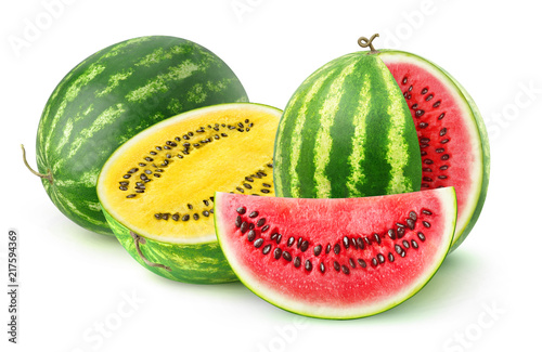 Isolated watermelons. Two watermelon varieties, red and yellow, isolated on white background with clipping path
