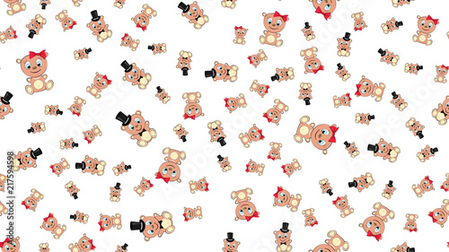 Texture seamless pattern with beautiful cheerful festive bright colorful colored bears fairy children's ladies and gentlemen boy and girl bear cubs joyful. Vector illustration. The background