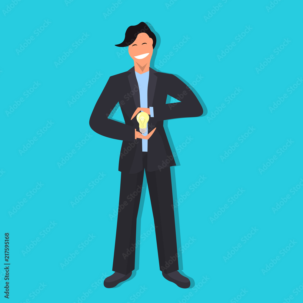 businessman holding electric light lamp in palms creative innovation concept male cartoon character full length flat blue background vector illustration businessman holding electric light lamp in palms creative innovation concept male cartoon character full length flat blue background vector illustration