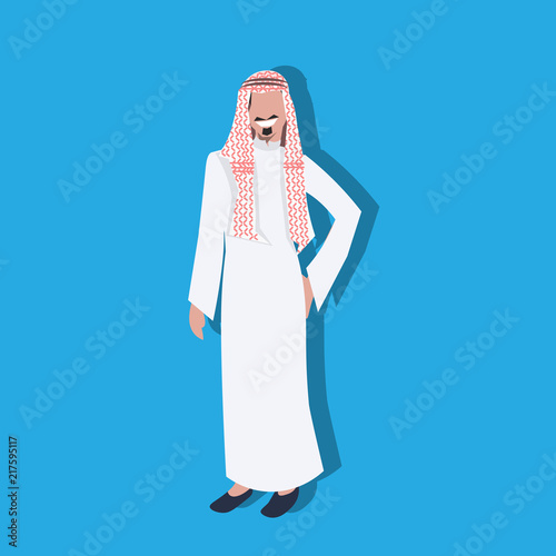 Arabic business man icon holding hand pocket wearing traditional clothes arab businessman male cartoon character avatar blue background full length flat vector illustration