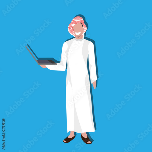 Arabic business man using laptop wearing traditional clothes arab businessman male cartoon character avatar blue background full length flat vector illustration
