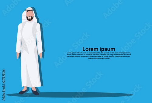 Arabic business man icon wearing traditional clothes arab businessman male cartoon character avatar blue background flat vector illustration