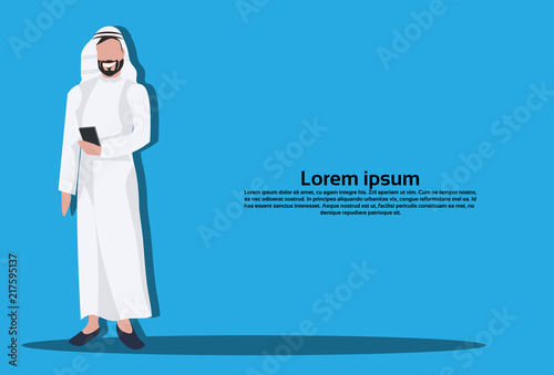 Arabic business man using smartphone wearing traditional clothes arab businessman male cartoon character avatar horizontal copy space full length flat vector illustration