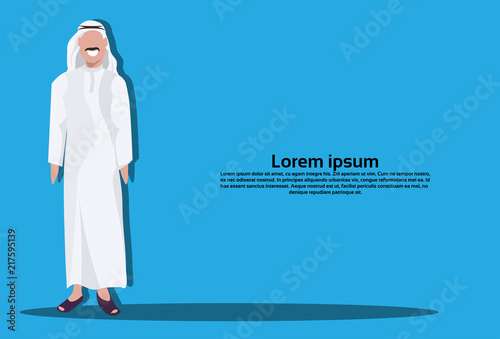 Arabic business man icon wearing traditional clothes arab businessman male cartoon character avatar blue background flat horizontal copy space vector illustration