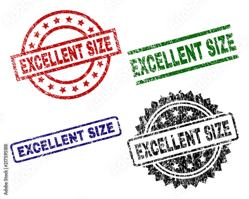 EXCELLENT SIZE seal prints with distress surface. Black, green,red,blue vector rubber prints of EXCELLENT SIZE title with scratched surface. Rubber seals with circle, rectangle, medallion shapes.
