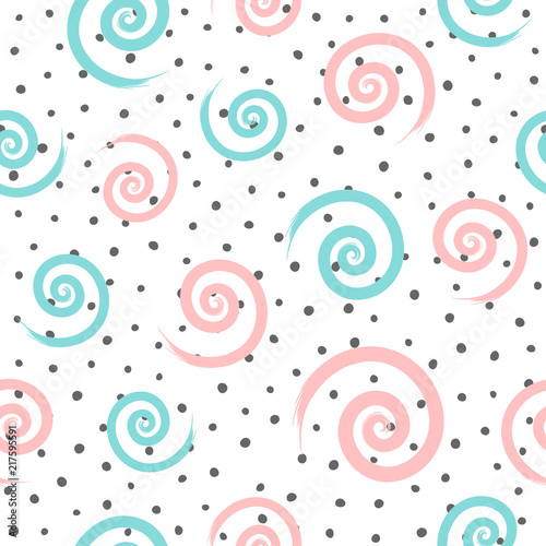 Irregular polka dot and repeated spirals drawn by hand with rough brush. Simple girlish seamless pattern. Grunge, sketch, paint, watercolor.
