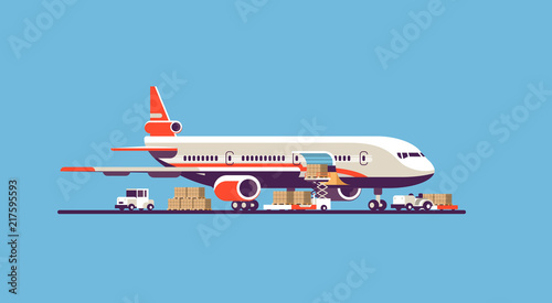transport airplane aircraft express delivery preparing flight airport air cargo international transportation concept forklift loading parcel boxes blue background flat horizontal vector illustration