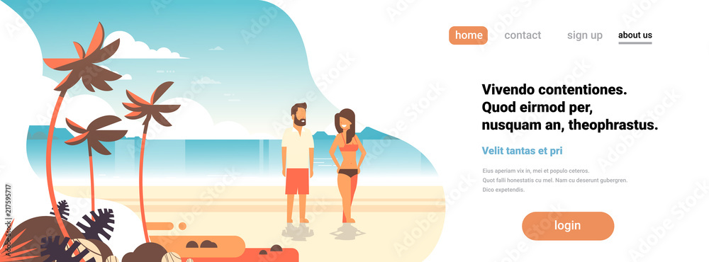 couple sunrise beach tropical palm summer vacation concept man woman cartoon character seaside background horizontal banner copy space flat vector illustration couple sunrise beach tropical palm summer vacation concept man woman cartoon character seaside background horizontal banner copy space flat vector illustration