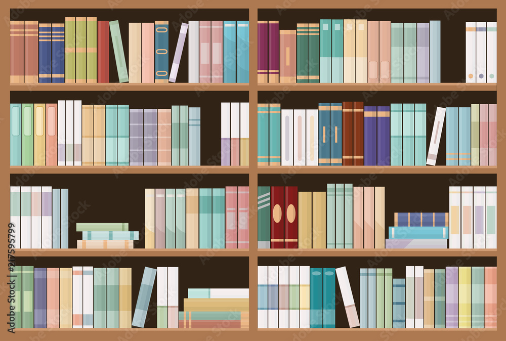 Obraz premium Bookshelves full of books. Education library and bookstore concept. Seamless pattern. Vector illustration. 