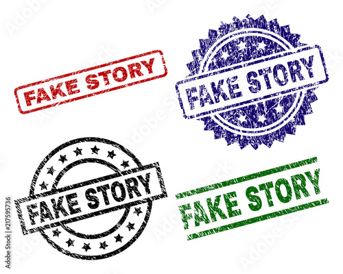 FAKE STORY seal prints with distress texture. Black, green,red,blue vector rubber prints of FAKE STORY text with unclean texture. Rubber seals with circle, rectangle, medallion shapes.